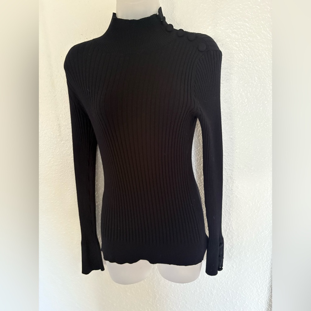 Womens Ribbed Long Sleeve Top | Button Shoulder | Black - Picture 3 of 3
